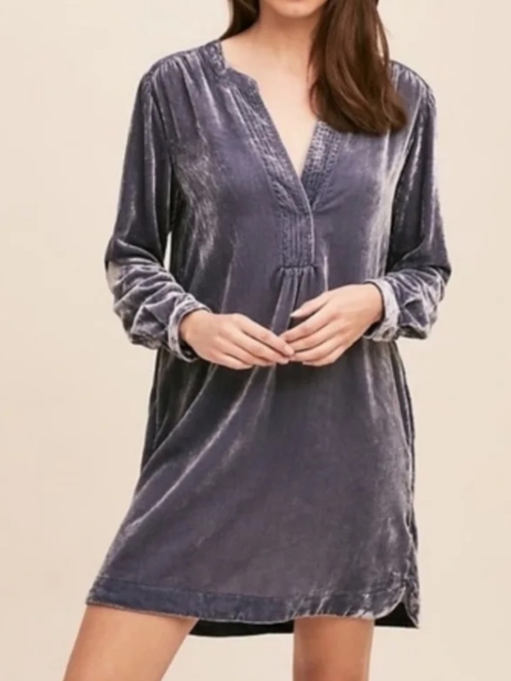 easel Velvet Long-Sleeve Tunic Dress - Gray Blue